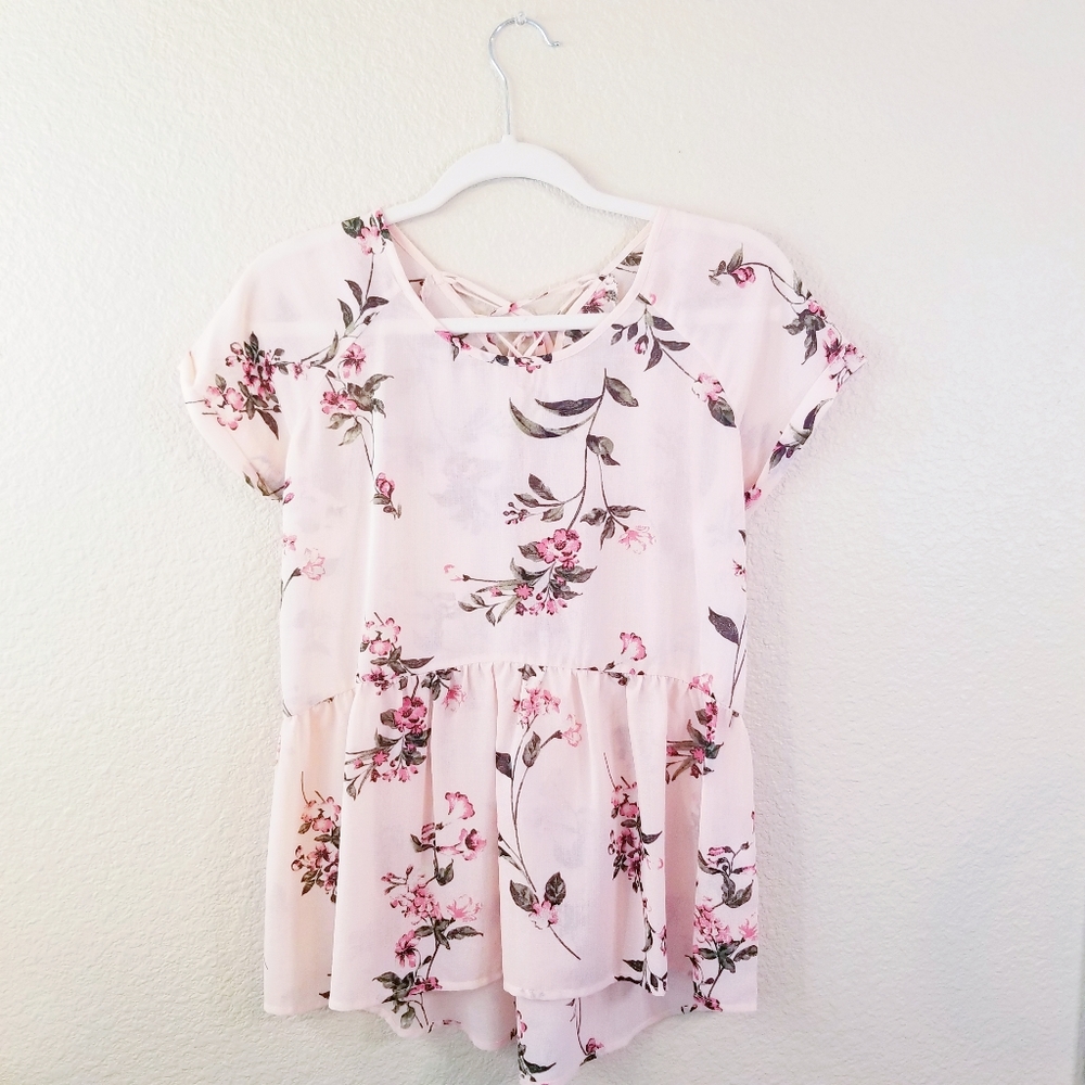 Sheer Light Pink Peplum Blouse w. Floral Design